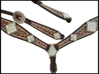 Showman Cheetah print one ear headstall and breast collar set with rhinestone accents and large crystal conchos #3